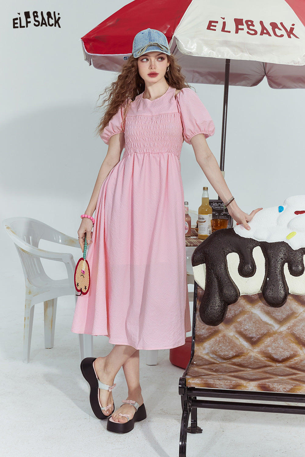 ELFSACK French style halterneck off-shoulder slim fit pleated sleeve dress for woman