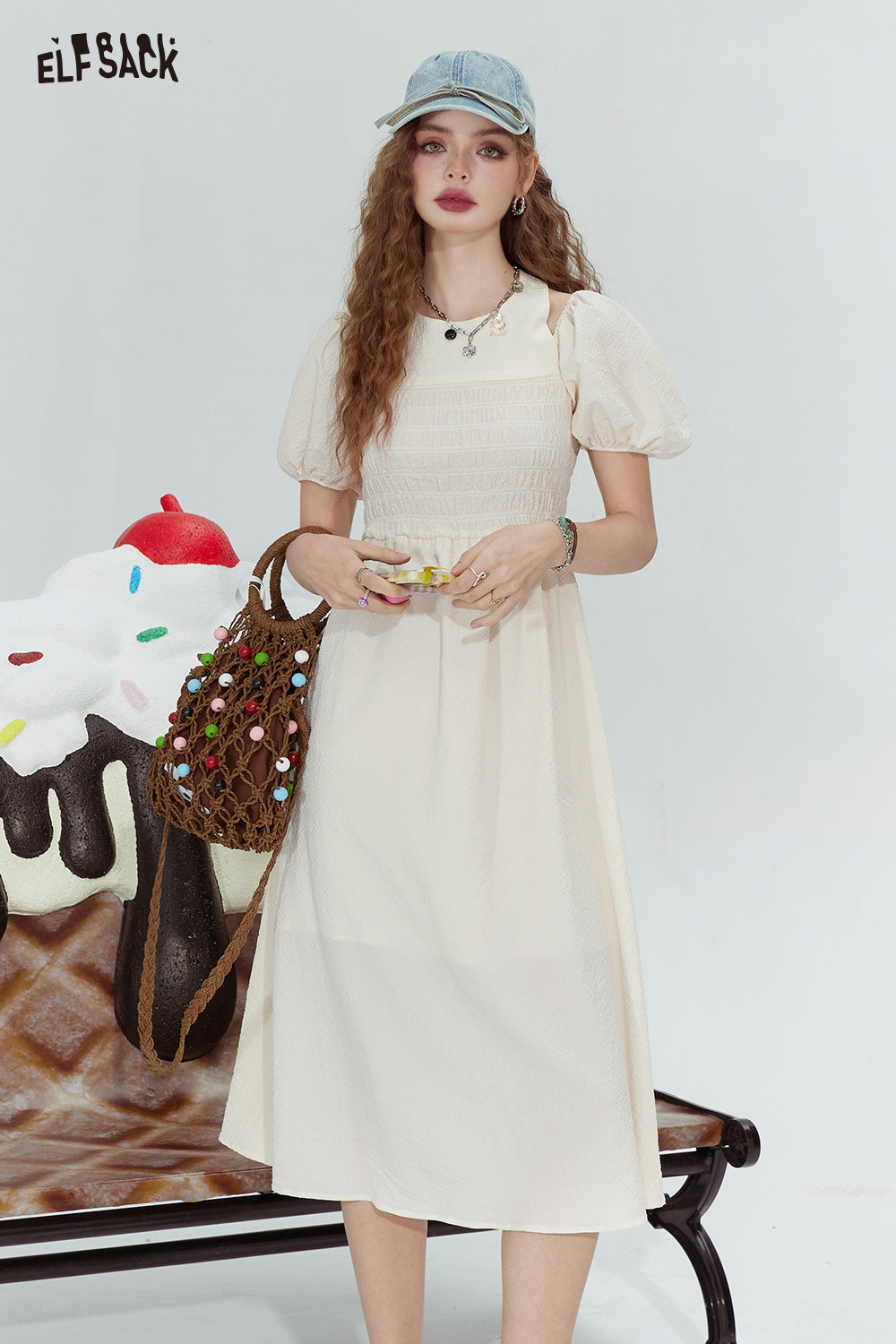 ELFSACK French style halterneck off-shoulder slim fit pleated sleeve dress for woman