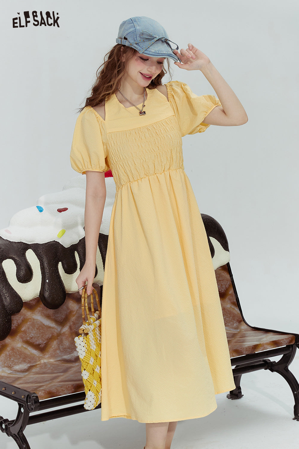 ELFSACK French style halterneck off-shoulder slim fit pleated sleeve dress for woman