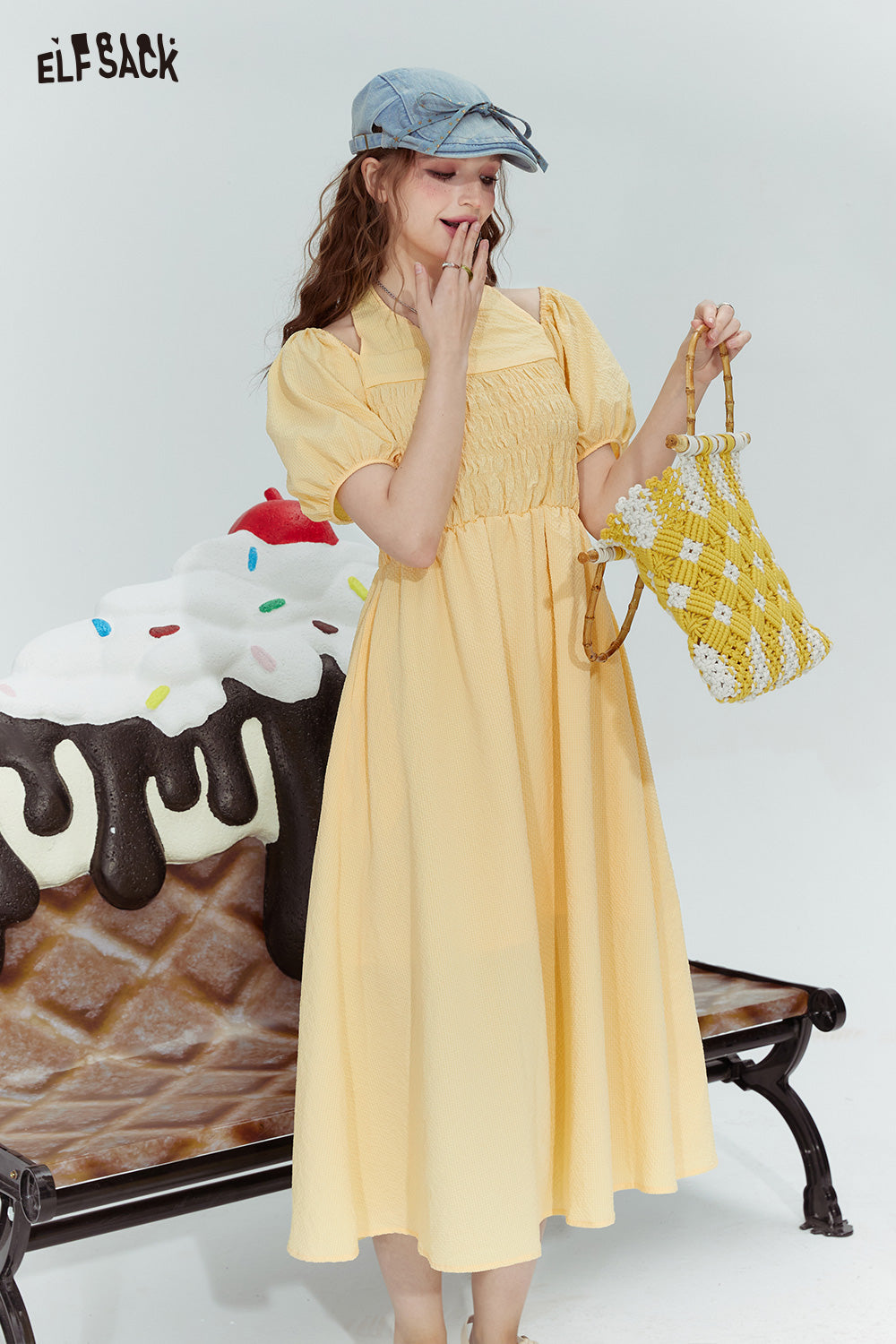 ELFSACK French style halterneck off-shoulder slim fit pleated sleeve dress for woman