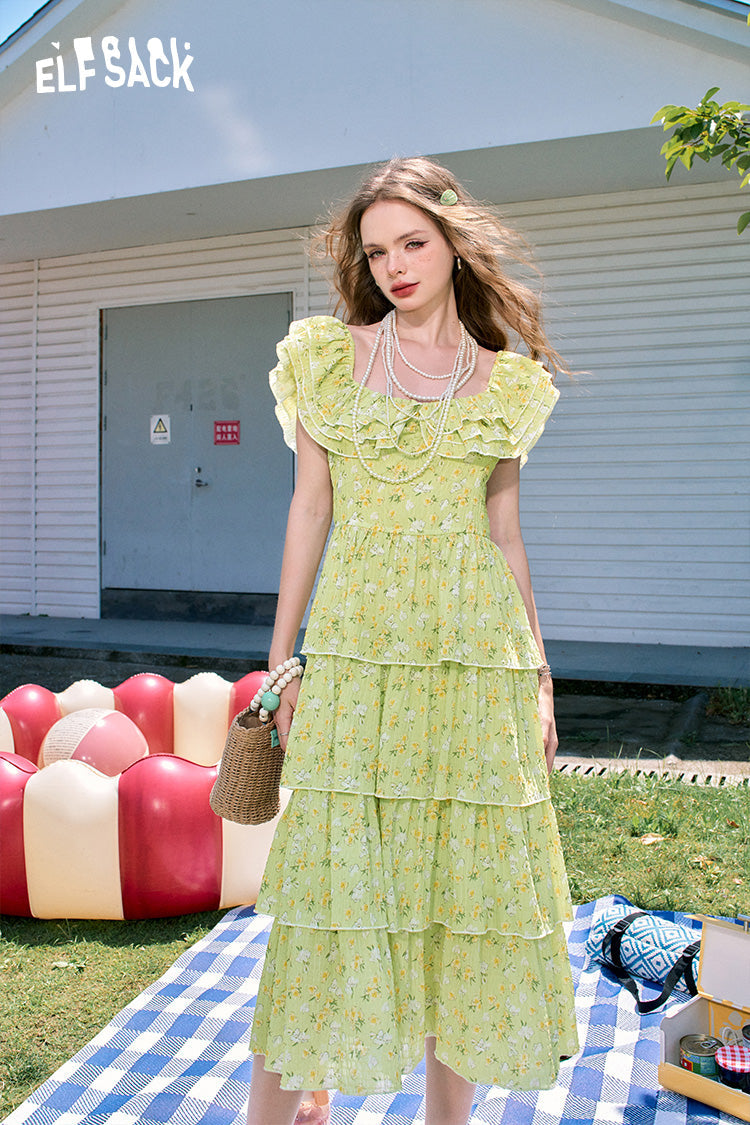 ELFSACK Ruffled gentle style green chiffon floral holiday style cake dress for wommen