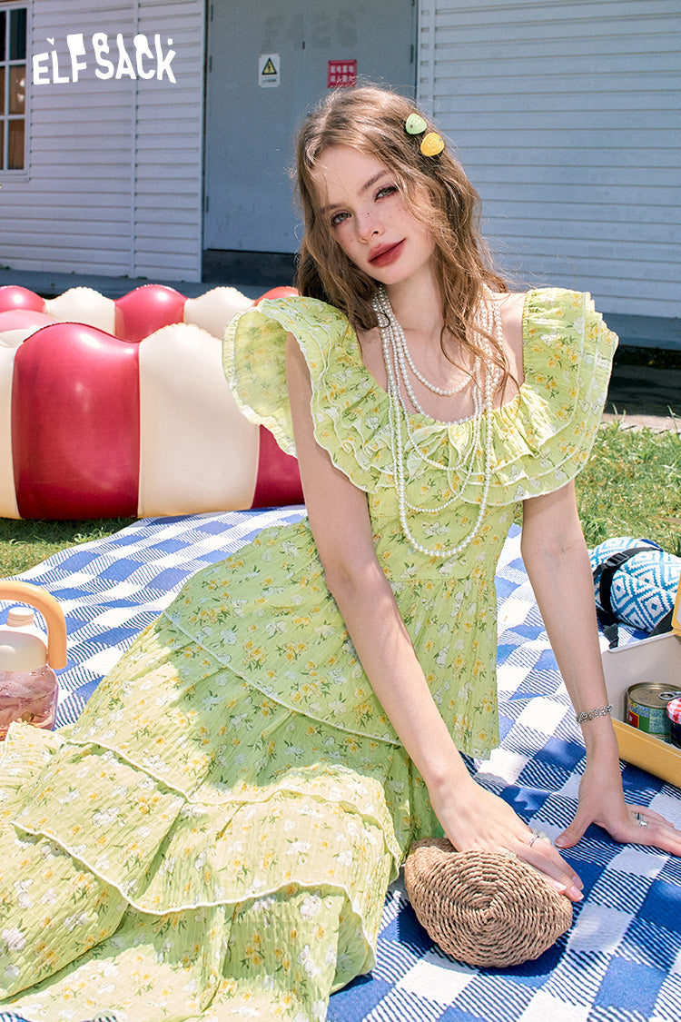 ELFSACK Ruffled gentle style green chiffon floral holiday style cake dress for wommen