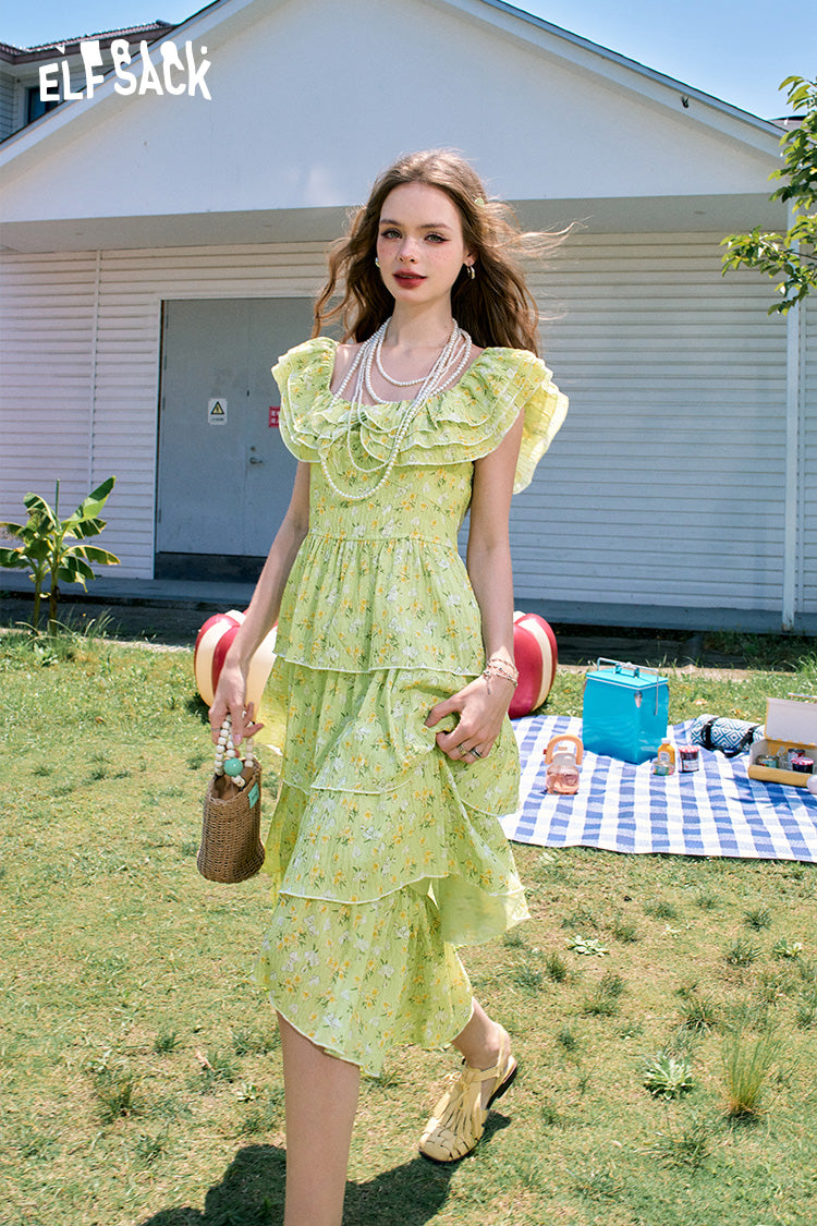 ELFSACK Ruffled gentle style green chiffon floral holiday style cake dress for wommen