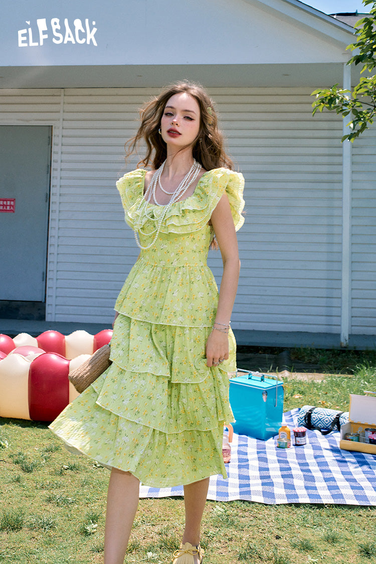 ELFSACK Ruffled gentle style green chiffon floral holiday style cake dress for wommen