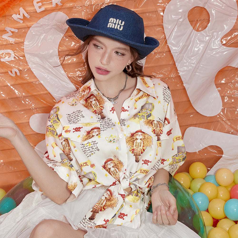 ELFSACK 2024 Summer New Arrivals Retro cartoon full printed short sleeved shirt with women's design sense, loose fit, sporty and casual