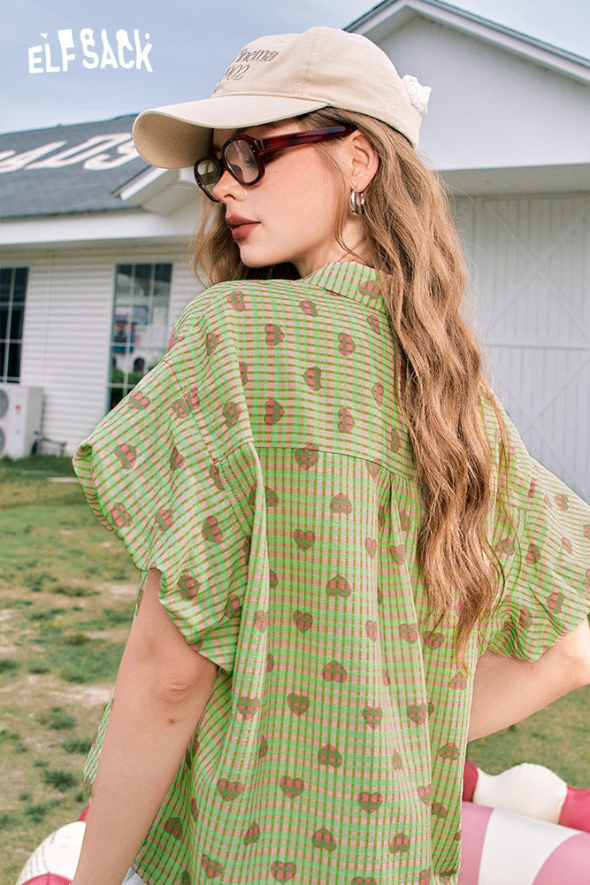 
                  
                    ELFSACK 2024 Summer New Arrivals Green Button Love Print Plaid Flower Sleeve Temperament Short Sleeve Shirt for Women
                  
                