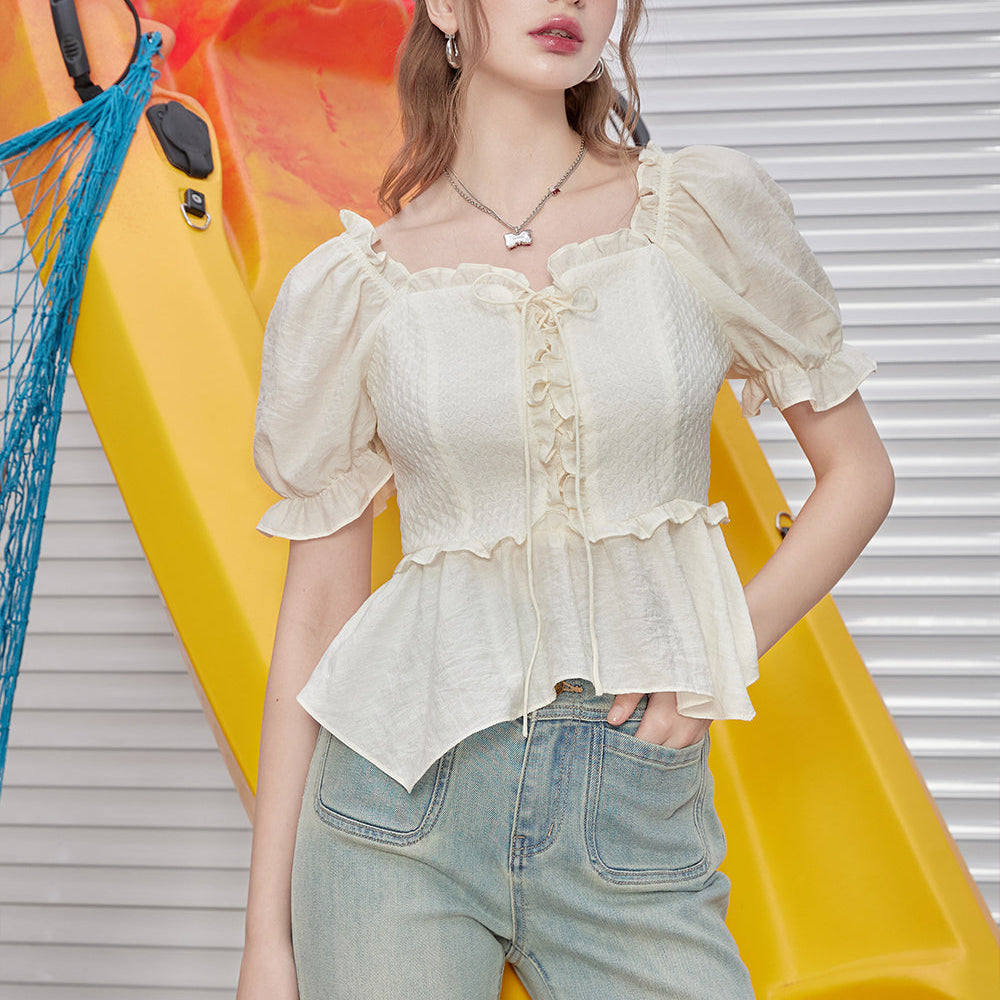 ELFSACK 2024 Summer New Arrivals French fungus edge temperament short sleeved women's shirt with ruffled edges and bubble sleeves