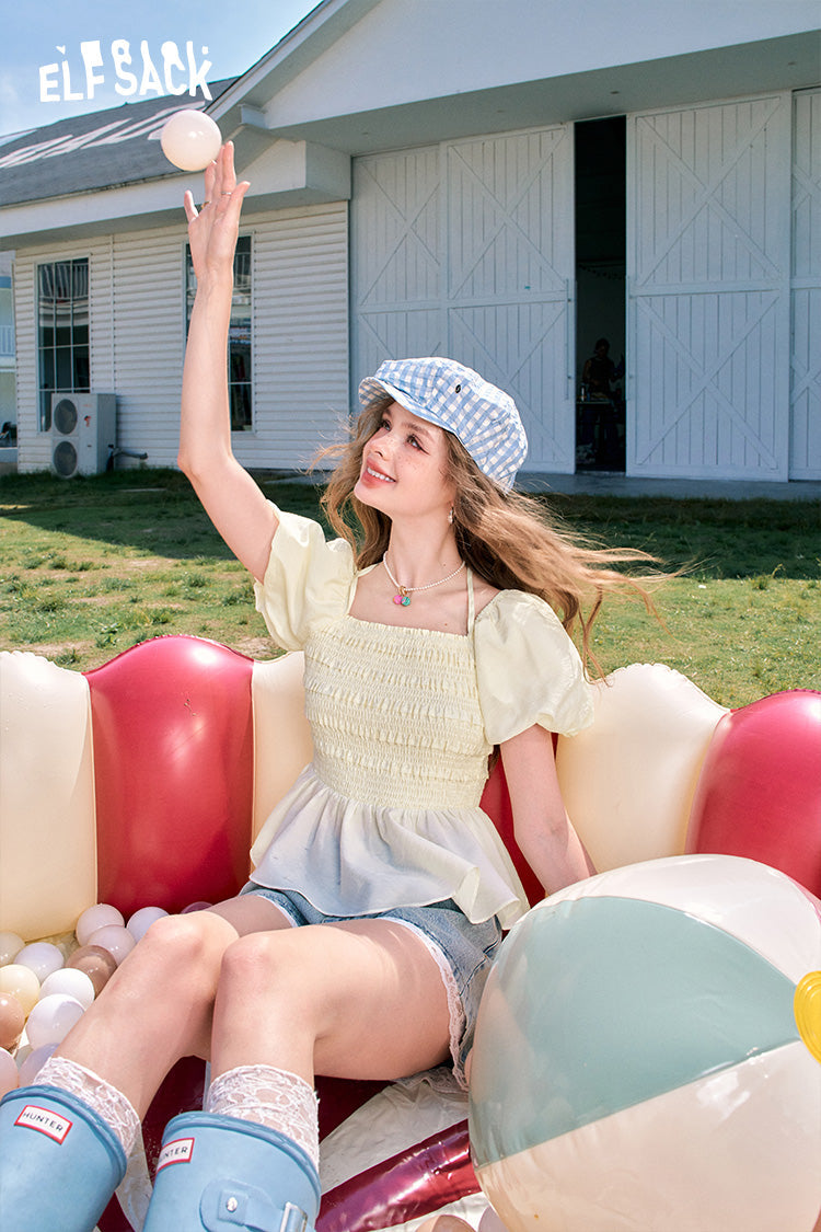 ELFSACK Puff Sleeve Square Neck Halter Sweet Lazy Chiffon Shirt
