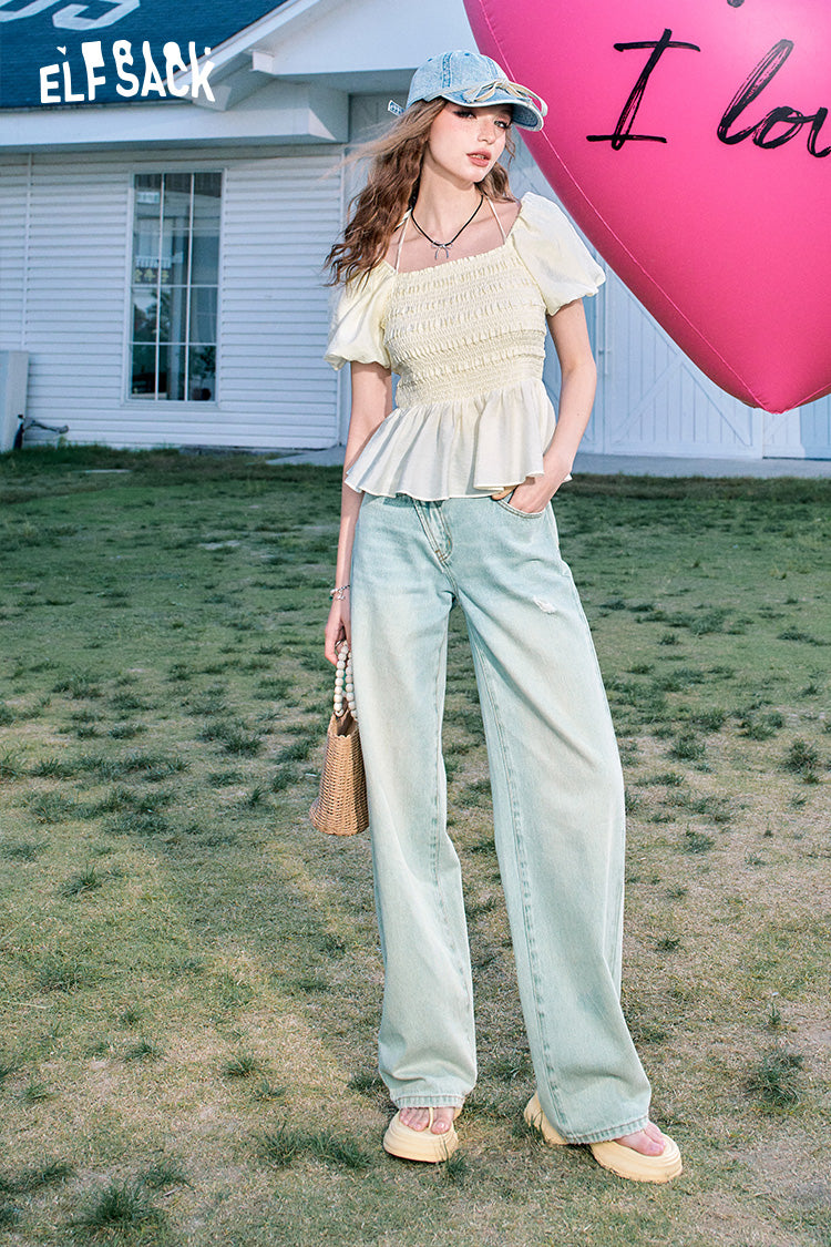 ELFSACK Puff Sleeve Square Neck Halter Sweet Lazy Chiffon Shirt
