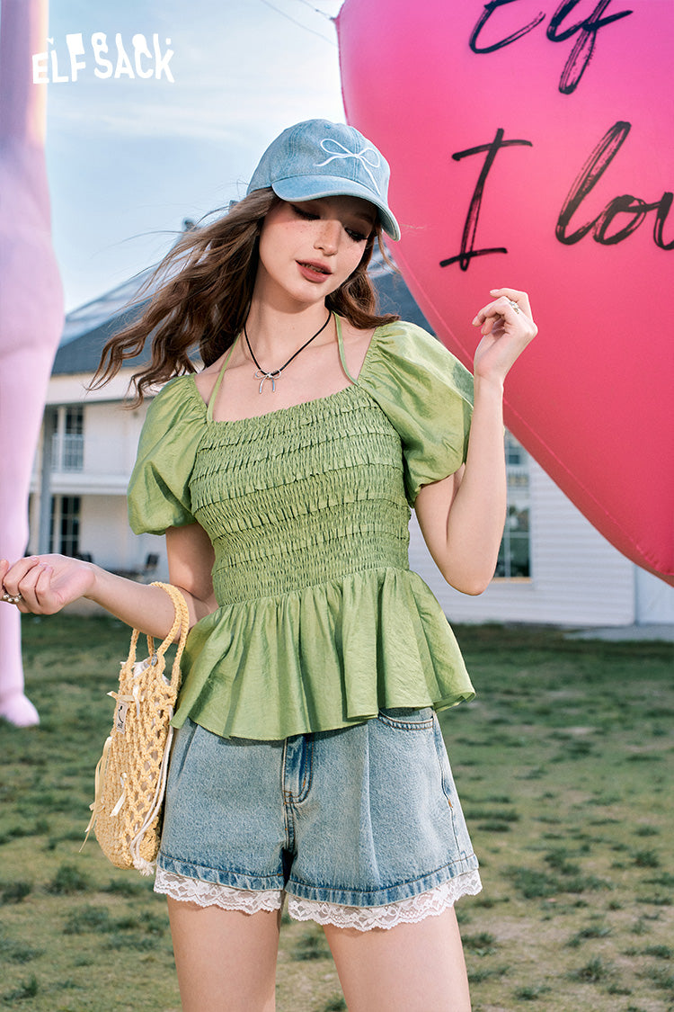 ELFSACK Puff Sleeve Square Neck Halter Sweet Lazy Chiffon Shirt