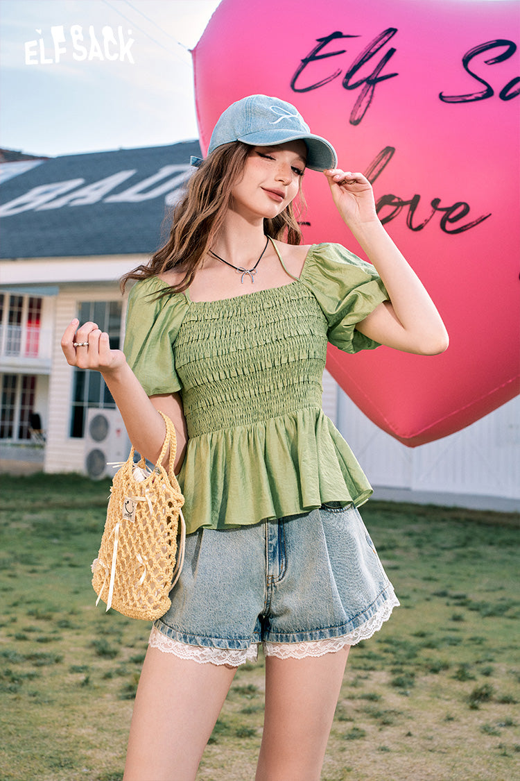 ELFSACK Puff Sleeve Square Neck Halter Sweet Lazy Chiffon Shirt