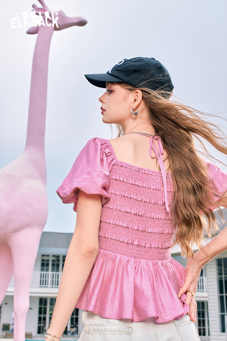 ELFSACK Puff Sleeve Square Neck Halter Sweet Lazy Chiffon Shirt