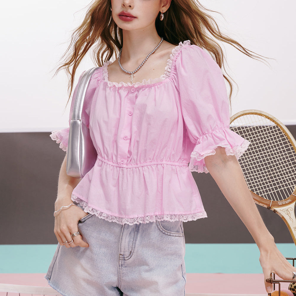 
                  
                    ELFSACK 2024 summer new arrival French lace free style stitching pink temperament fairy short-sleeved shirt for women
                  
                