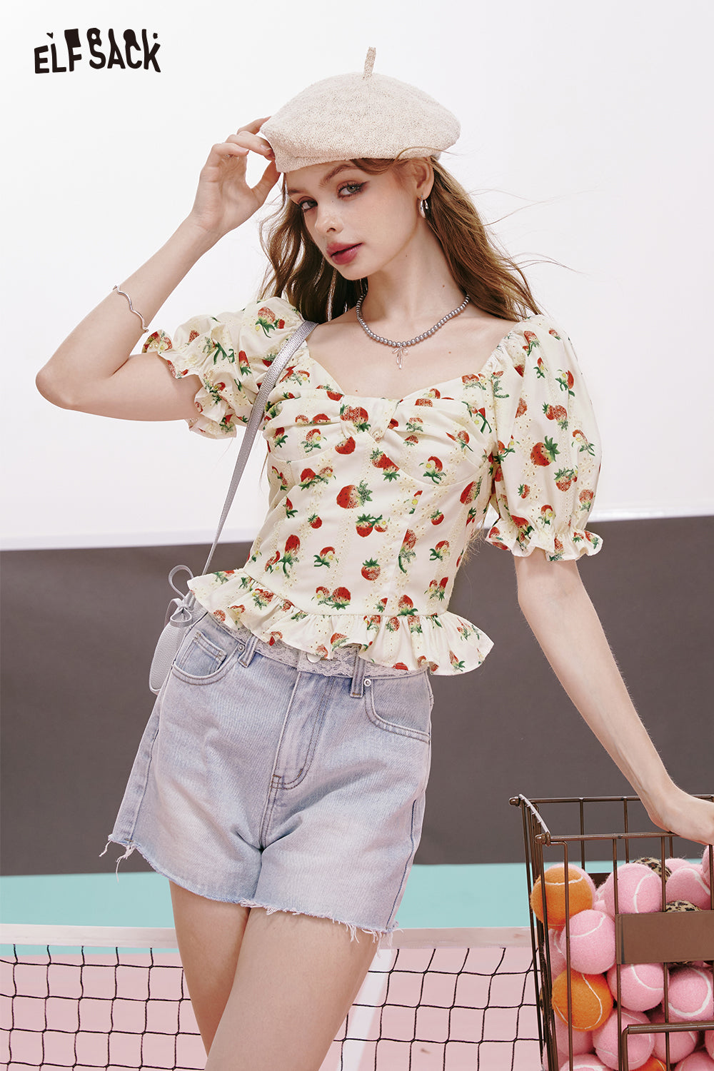 ELFSACK 2024 summer new arrival French Strawberry Print Waisted Ruffled Edge Puff Sleeve Temperament Short Sleeve Shirt for women