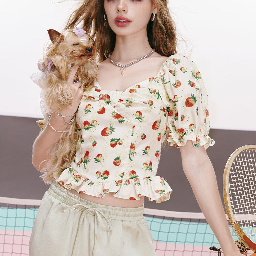 
                  
                    ELFSACK 2024 summer new arrival French Strawberry Print Waisted Ruffled Edge Puff Sleeve Temperament Short Sleeve Shirt for women
                  
                