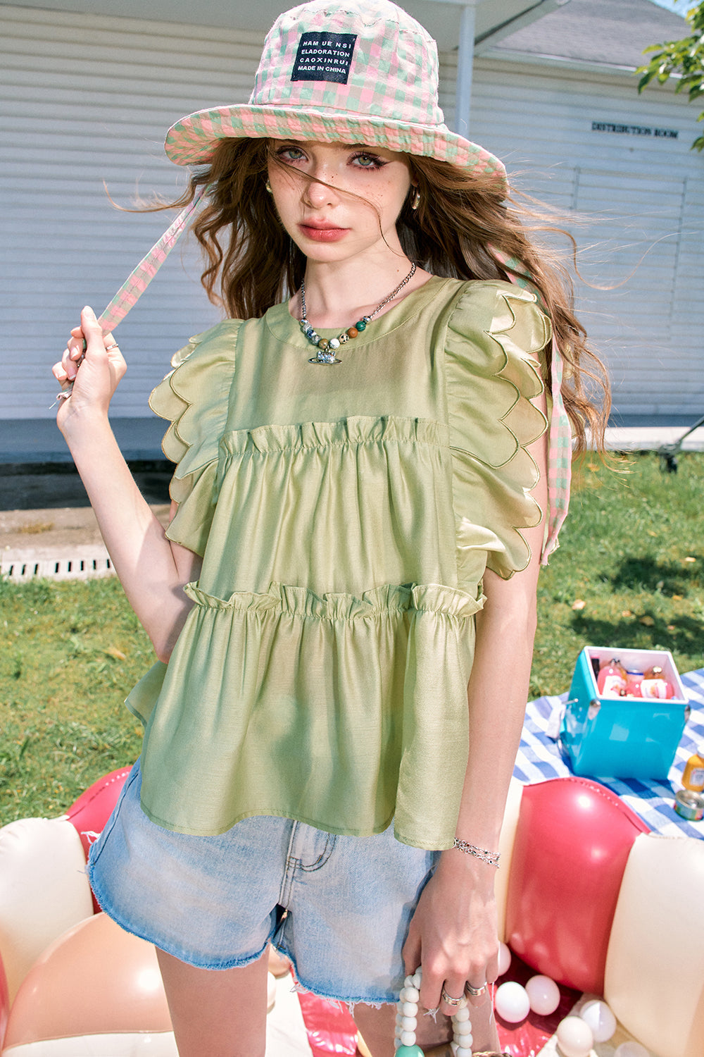 ELFSACK Double lace French sweet chiffon small flying sleeve shirt
