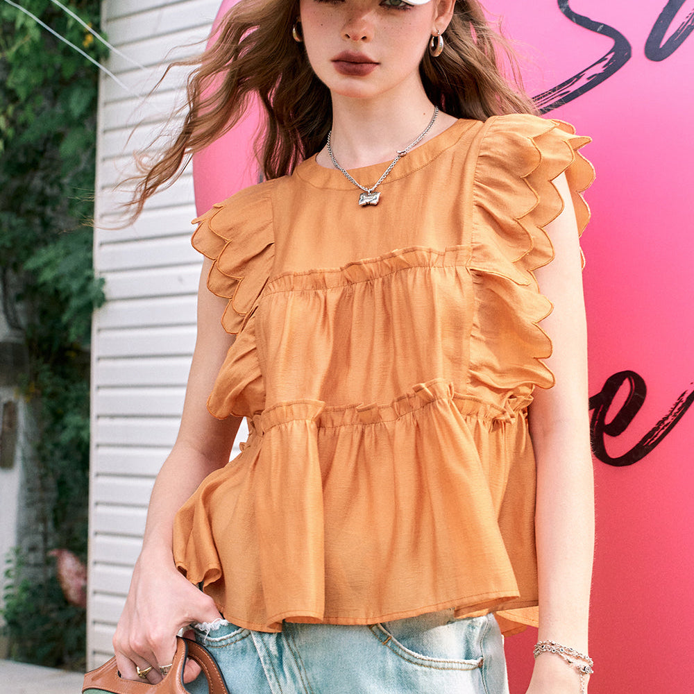 
                  
                    ELFSACK 2024 Summer New Arrivals Double lace French sweet chiffon small flying sleeve shirt for women
                  
                