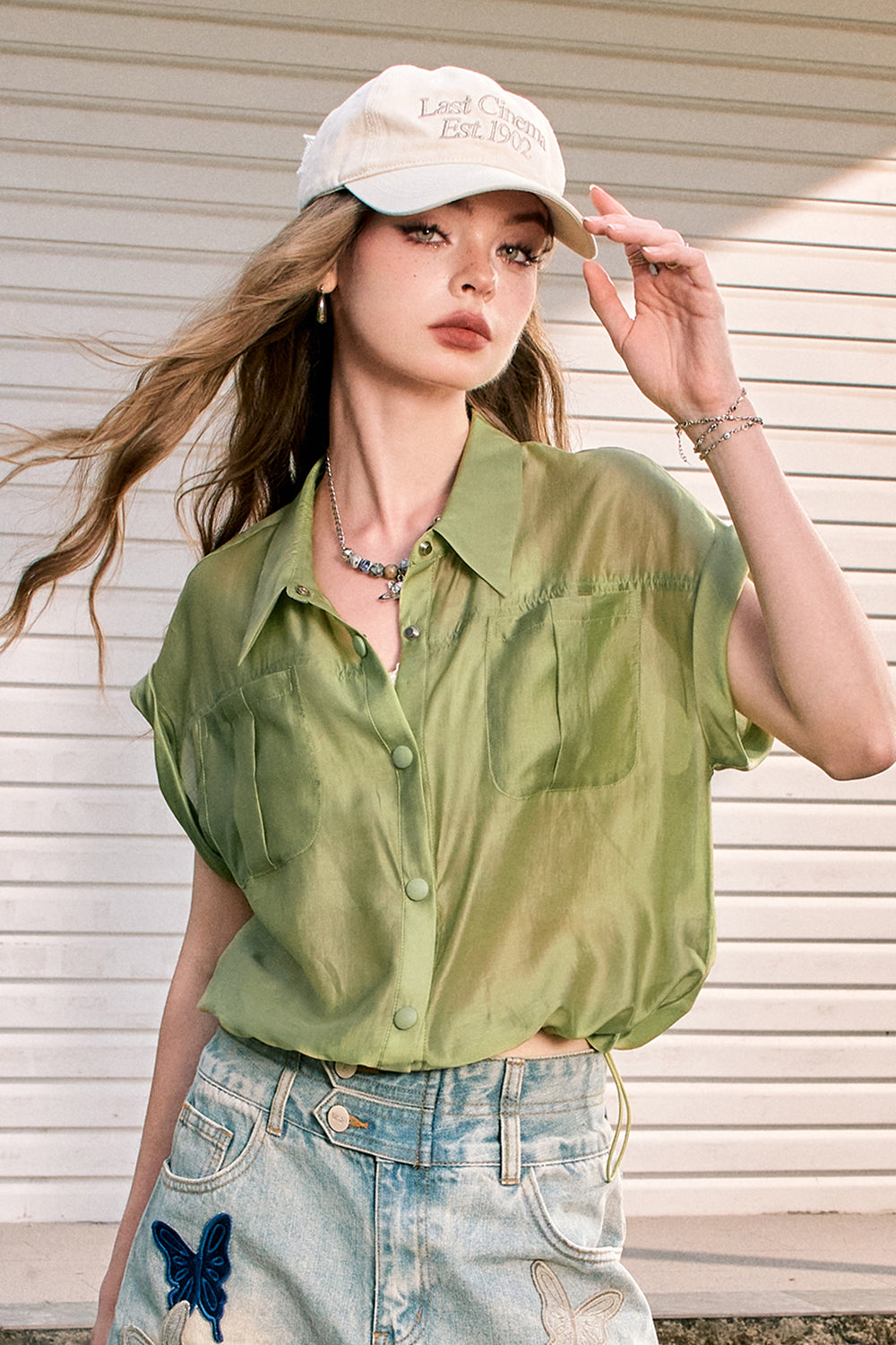 ELFSACK Green lapel imitation tencel fine shimmer commuter all-match workwear short-sleeved shirt
