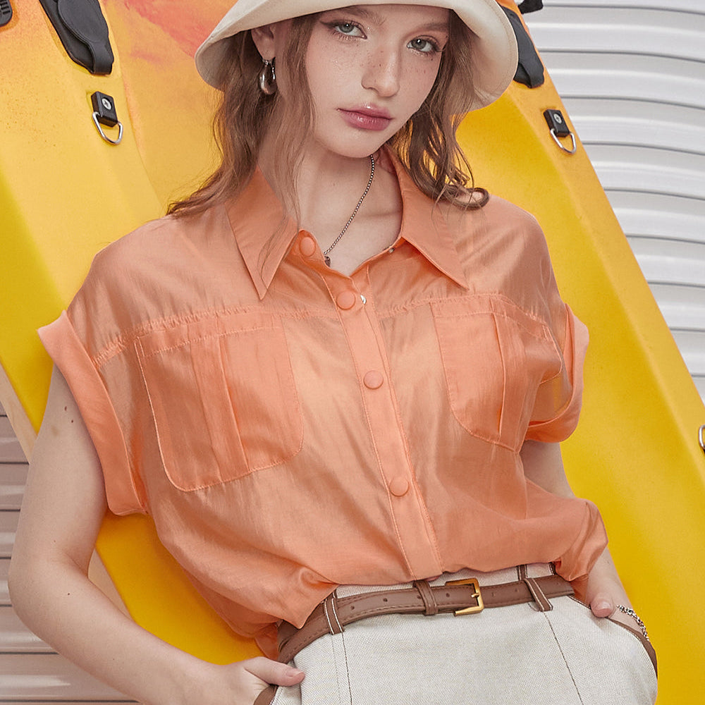 ELFSACK 2024 Summer New Arrivals Green lapel imitation tencel fine shimmer commuter all-match workwear short-sleeved shirt for women