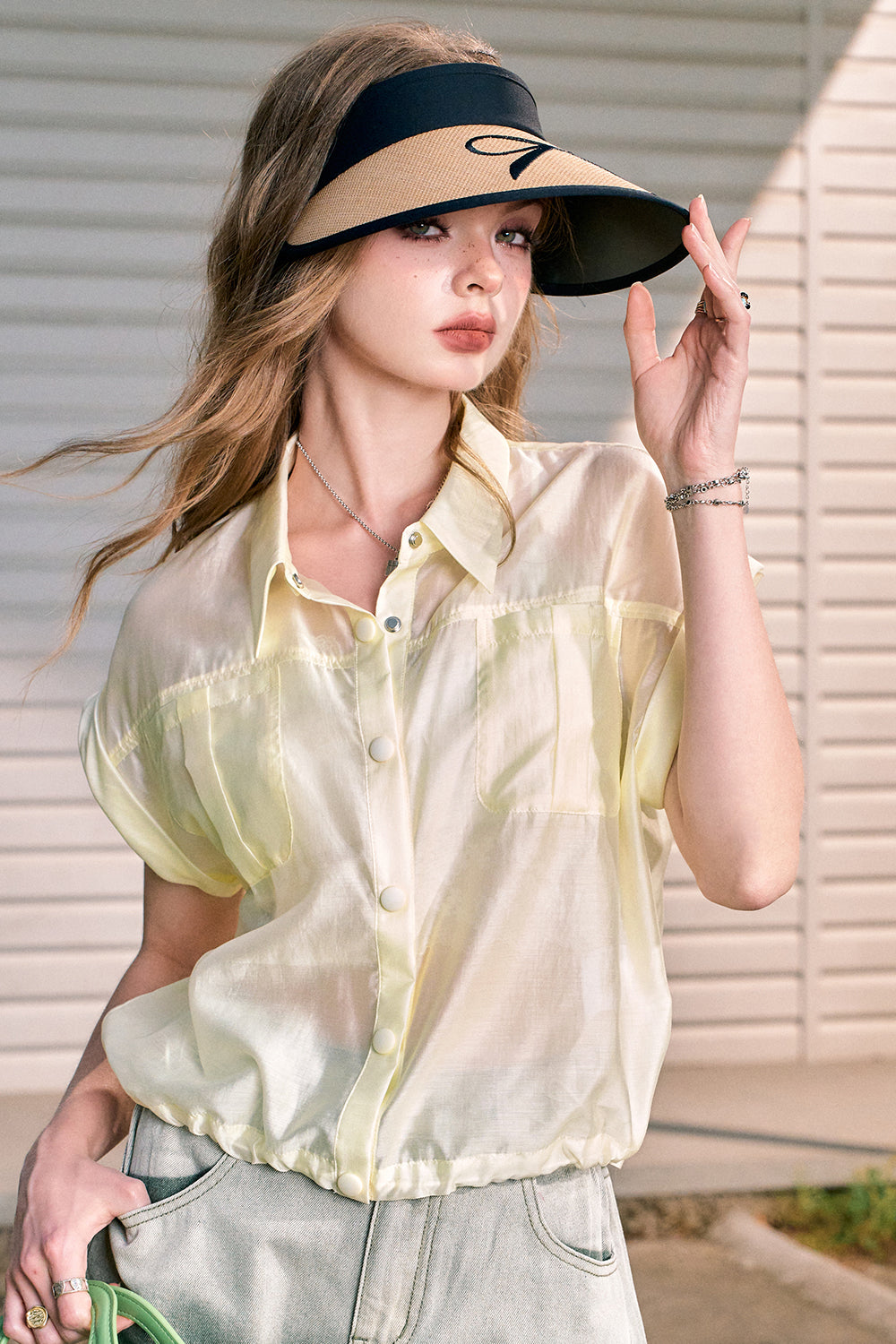 ELFSACK Green lapel imitation tencel fine shimmer commuter all-match workwear short-sleeved shirt