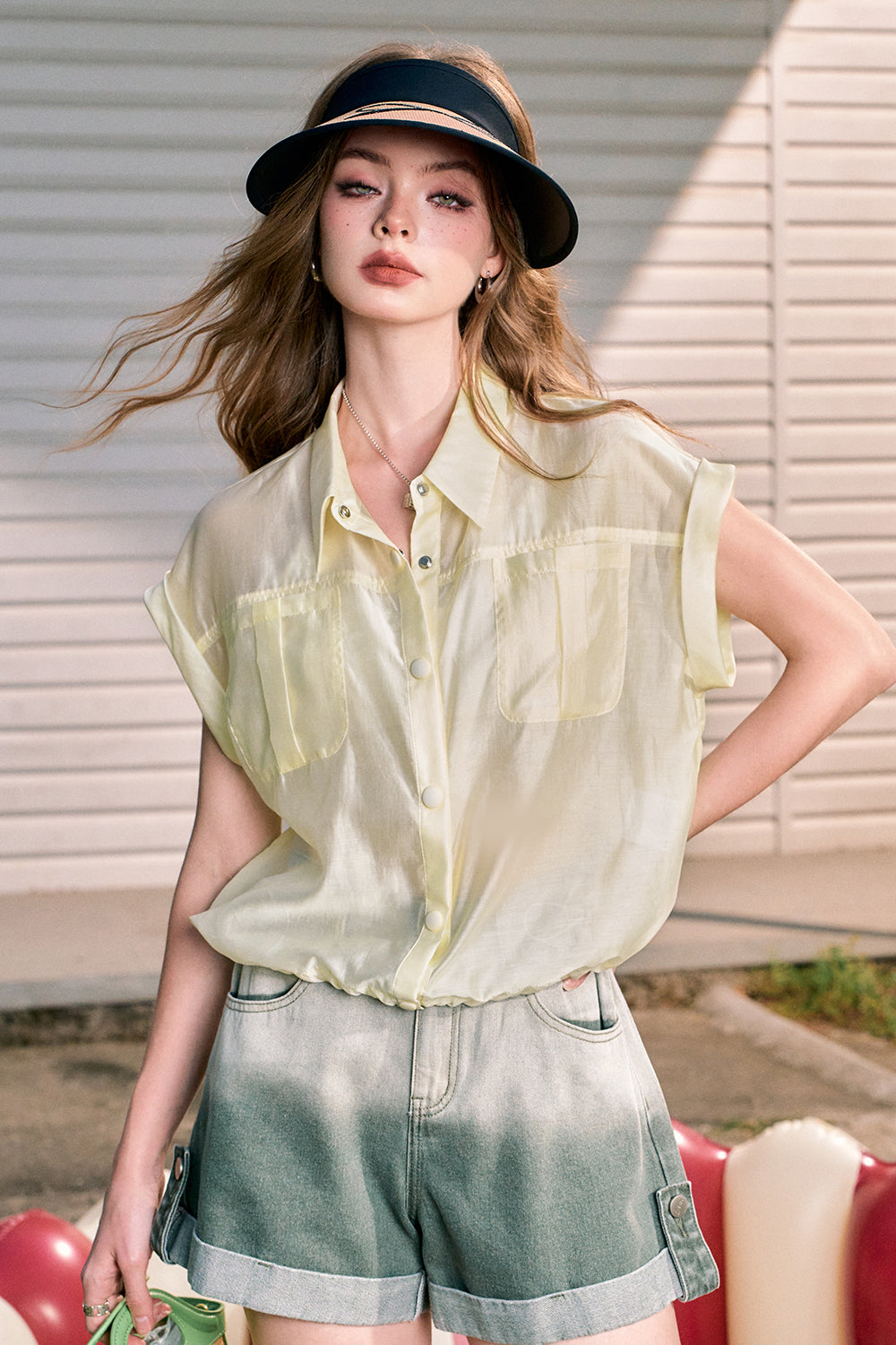 ELFSACK Green lapel imitation tencel fine shimmer commuter all-match workwear short-sleeved shirt