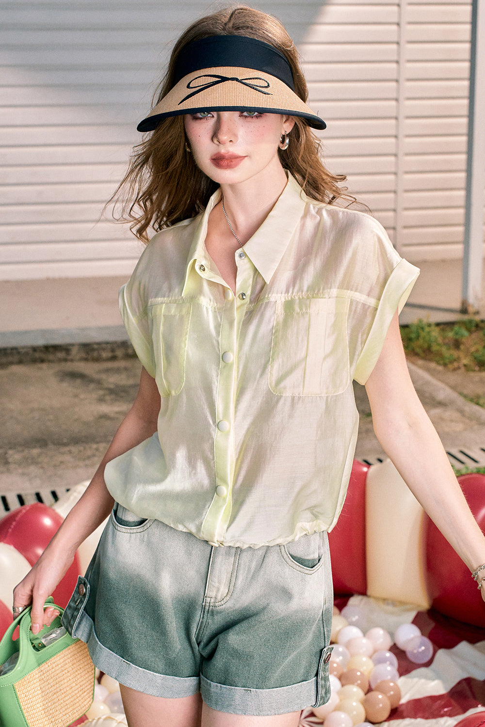 ELFSACK Green lapel imitation tencel fine shimmer commuter all-match workwear short-sleeved shirt