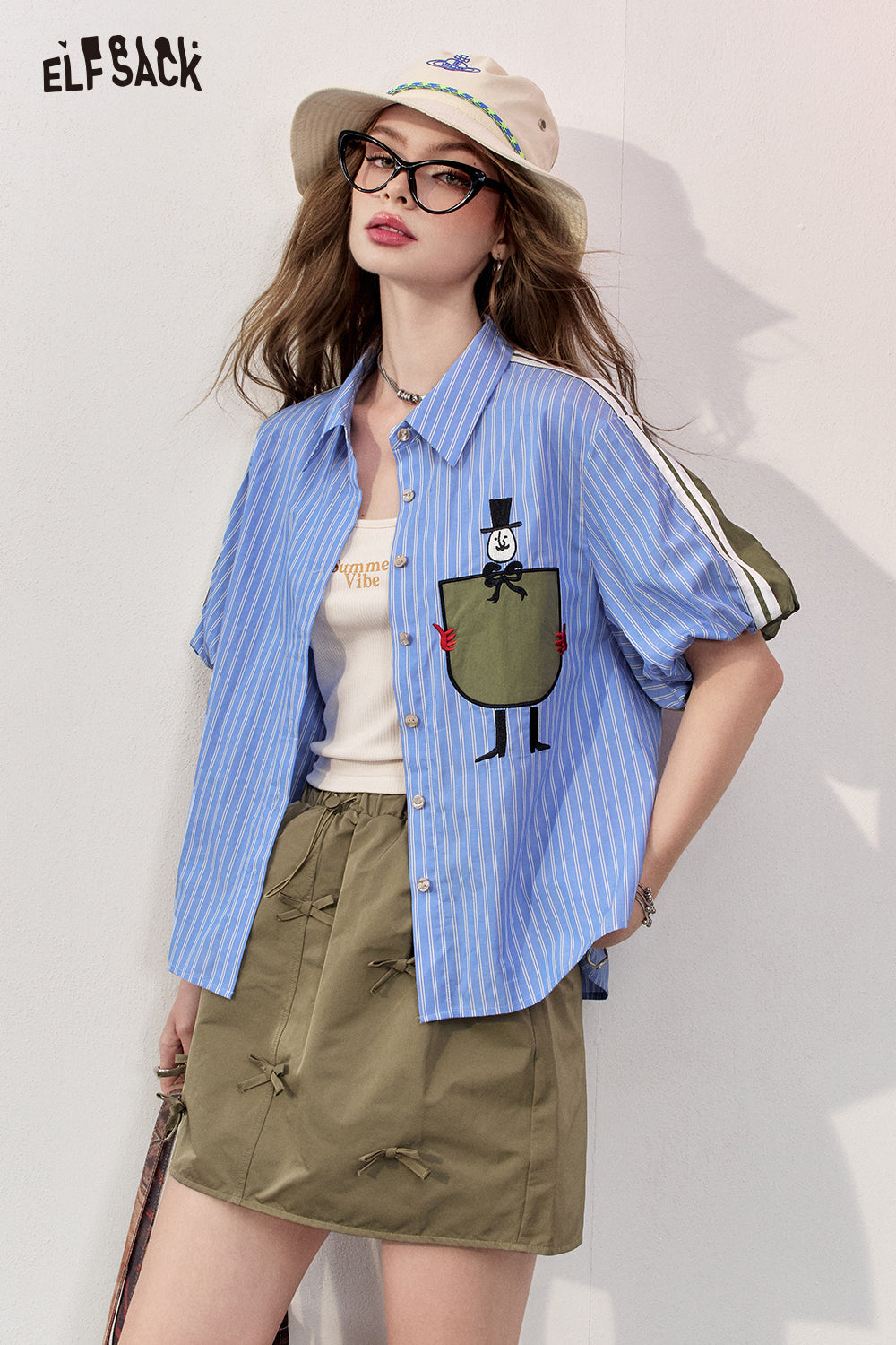 2024 Summer ELFSACK New Arrivals Blue striped POLO collar casual style loose slim temperament niche short-sleeved shirt for women