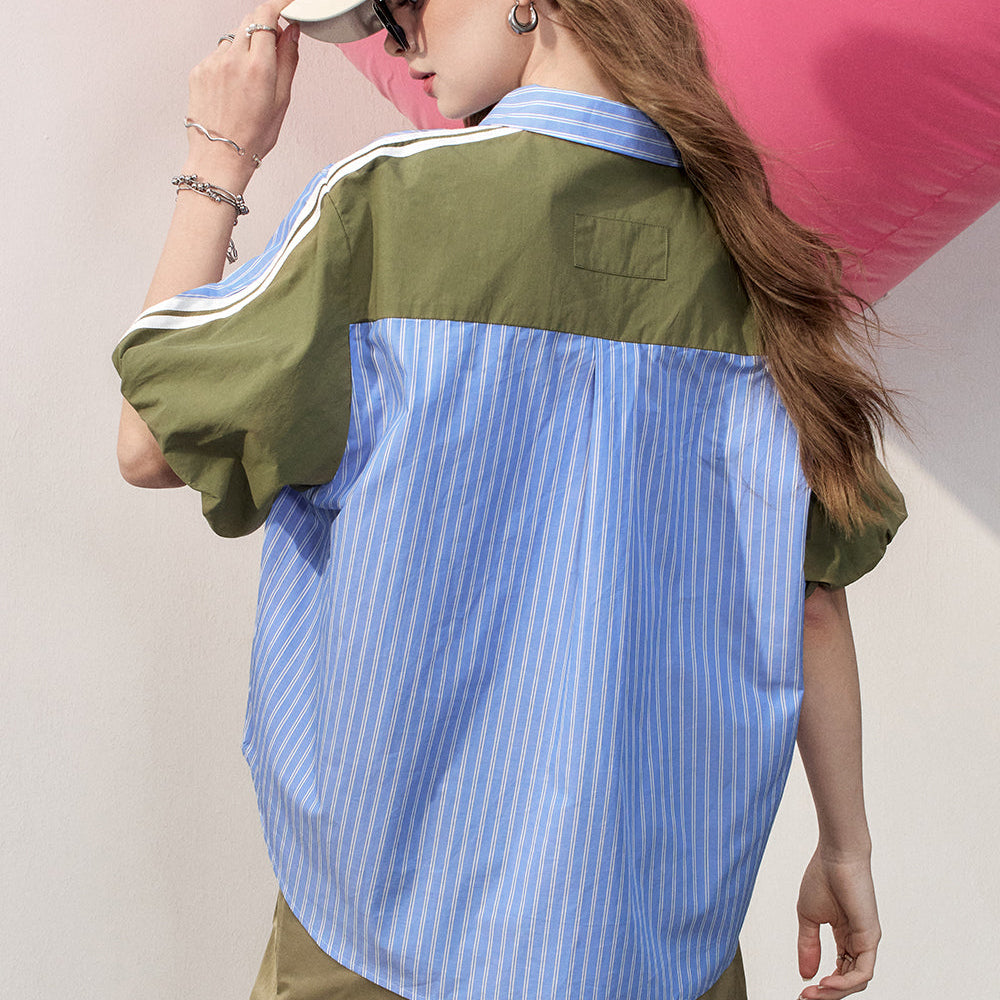 
                  
                    2024 Summer ELFSACK New Arrivals Blue striped POLO collar casual style loose slim temperament niche short-sleeved shirt for women
                  
                