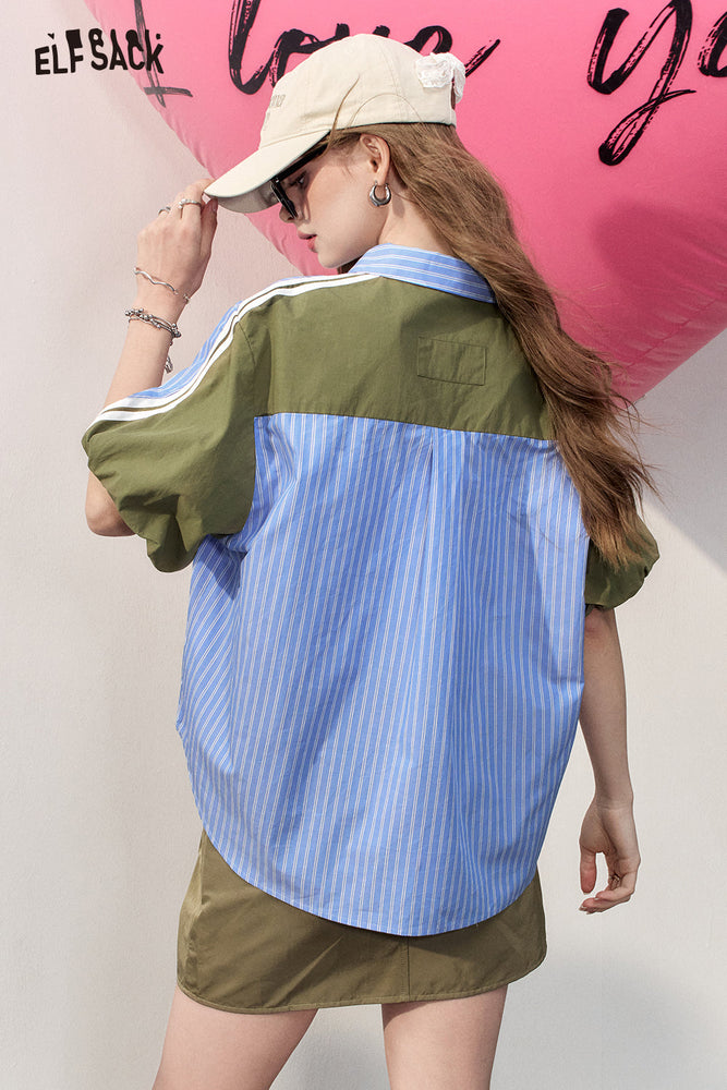 
                  
                    2024 Summer ELFSACK New Arrivals Blue striped POLO collar casual style loose slim temperament niche short-sleeved shirt for women
                  
                