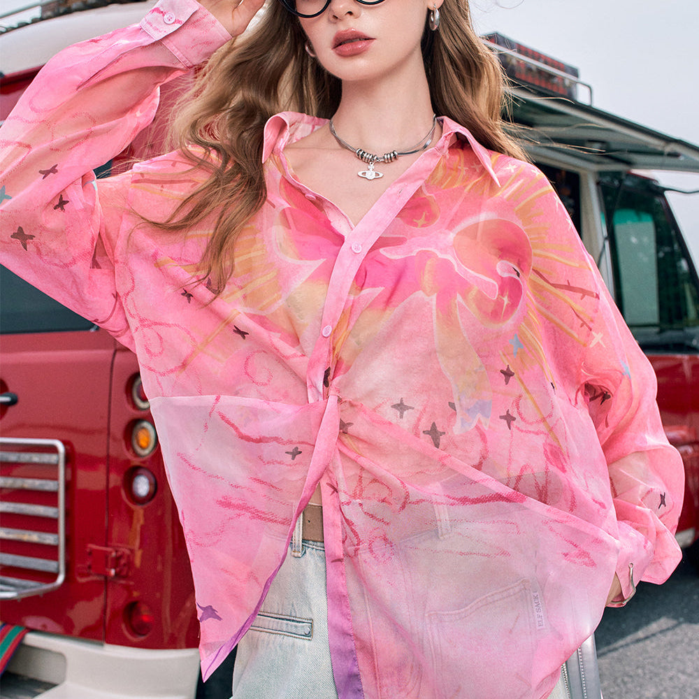 2024 Summer ELFSACK New Arrivals Pink gradient sweet print high-end loose slim temperament shirt for women