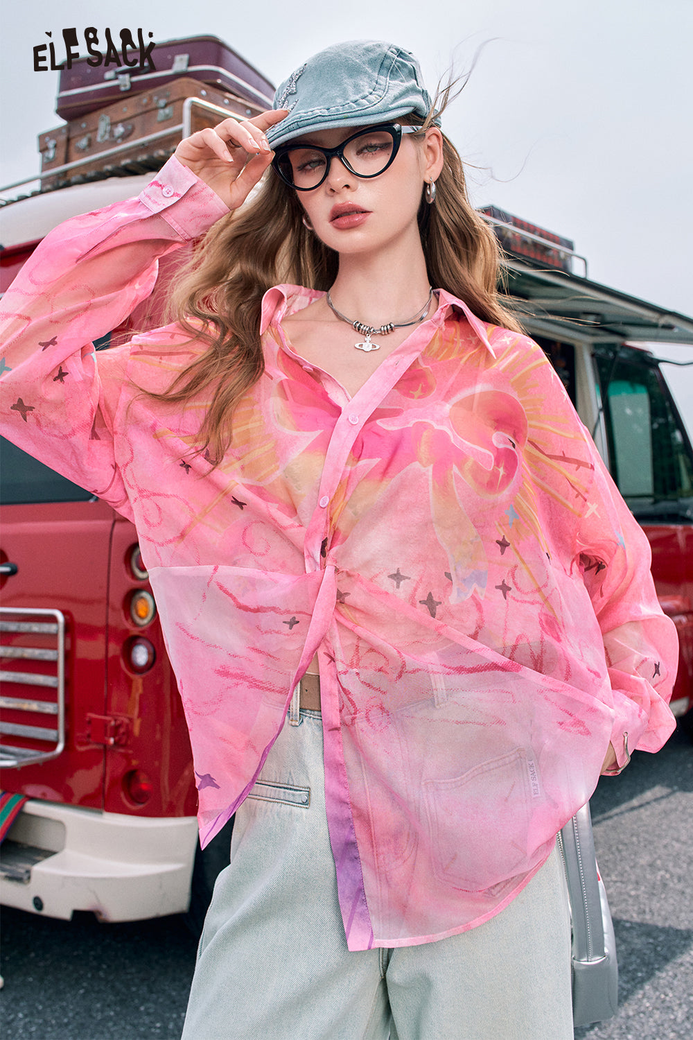 2024 Summer ELFSACK New Arrivals Pink gradient sweet print high-end loose slim temperament shirt for women