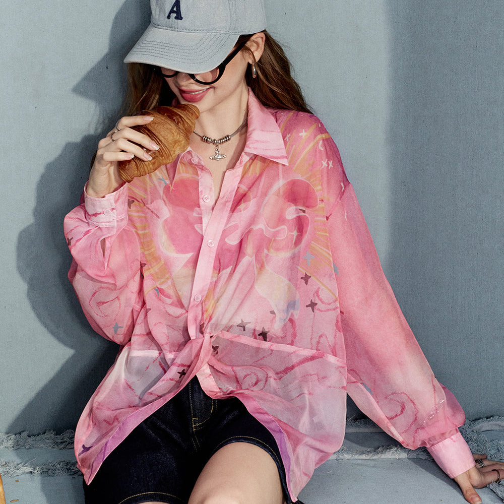 
                  
                    2024 Summer ELFSACK New Arrivals Pink gradient sweet print high-end loose slim temperament shirt for women
                  
                