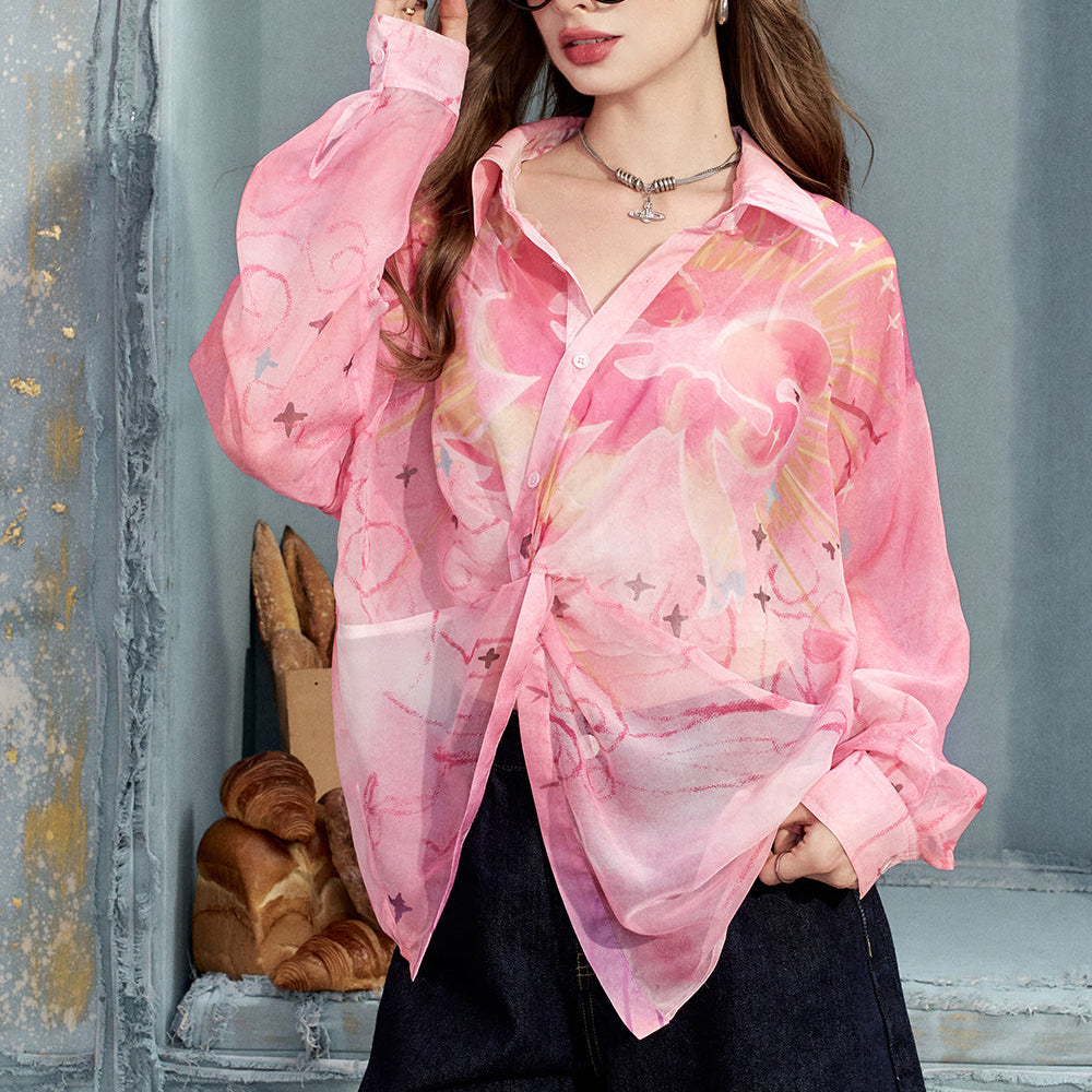 
                  
                    2024 Summer ELFSACK New Arrivals Pink gradient sweet print high-end loose slim temperament shirt for women
                  
                