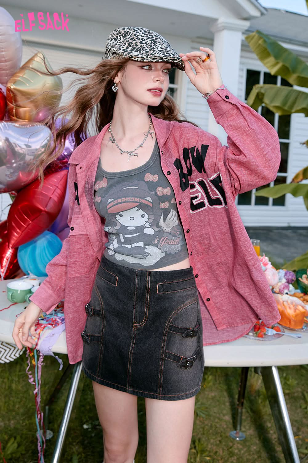 ELFSACK Pink letter print POLO collar design casual style loose thin shirt