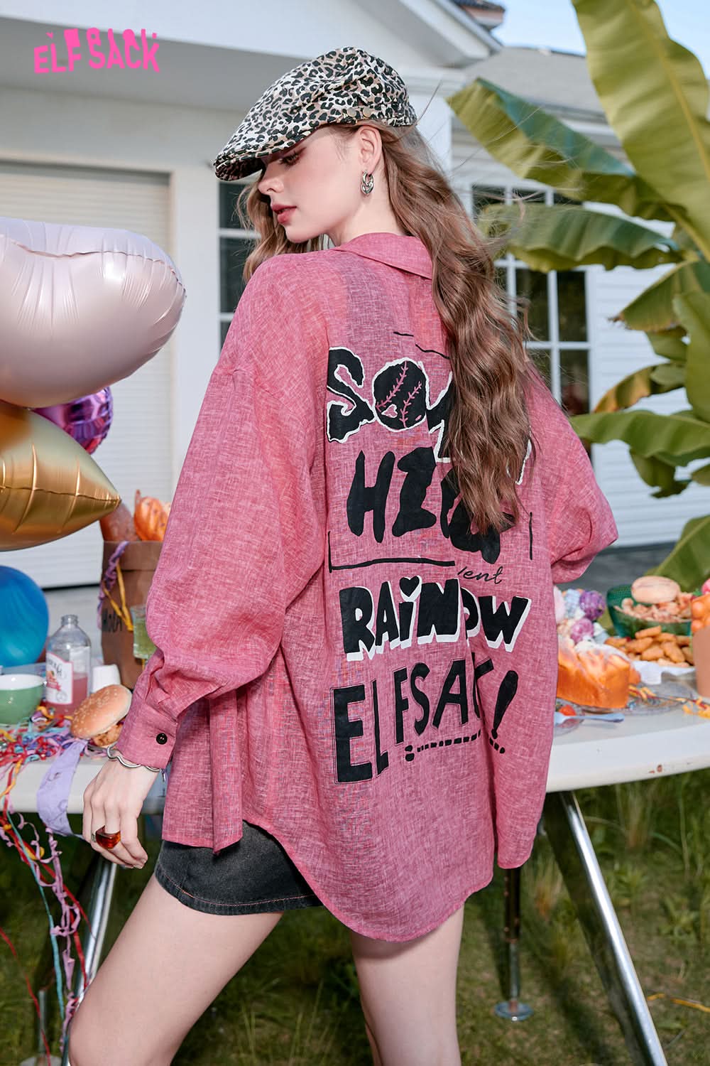 ELFSACK Pink letter print POLO collar design casual style loose thin shirt