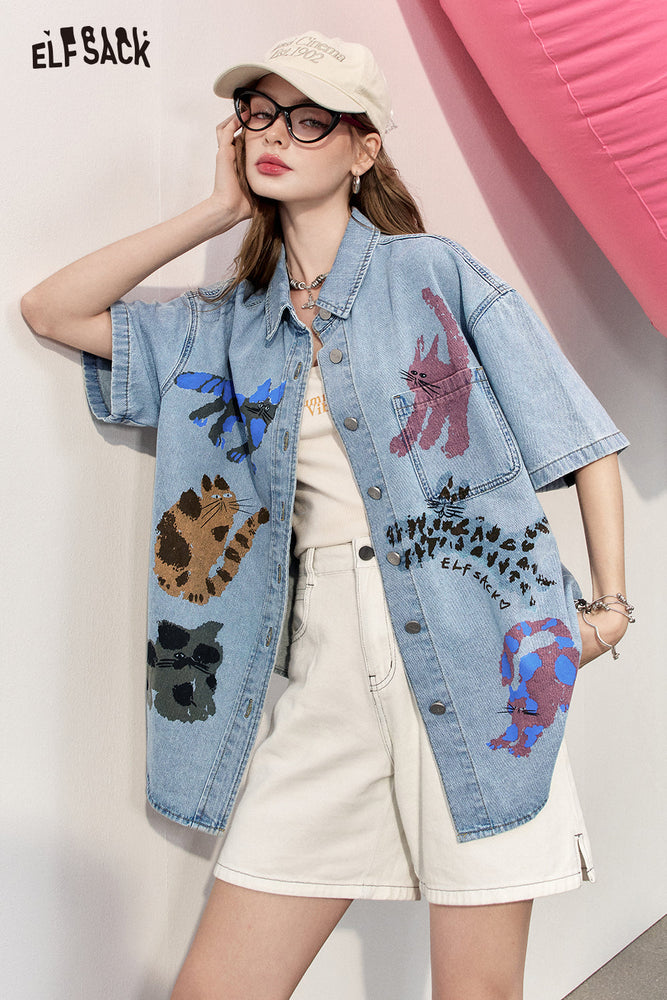 
                  
                    2024 Summer ELFSACK New Arrivals POLO collar blue animal print loose slim design denim short-sleeved shirt for women
                  
                