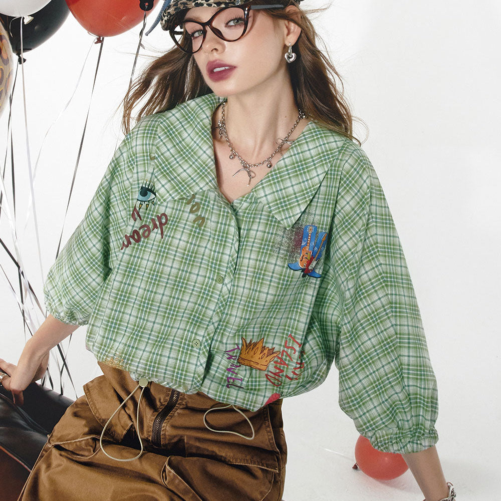 
                  
                    2024 Summer ELFSACK New Arrivals Green plaid sweet retro lantern sleeves printed niche loose plaid shirt for women
                  
                