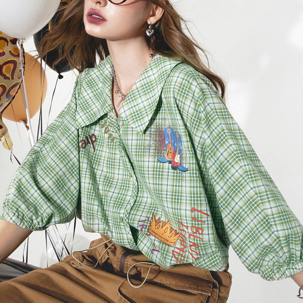 
                  
                    2024 Summer ELFSACK New Arrivals Green plaid sweet retro lantern sleeves printed niche loose plaid shirt for women
                  
                