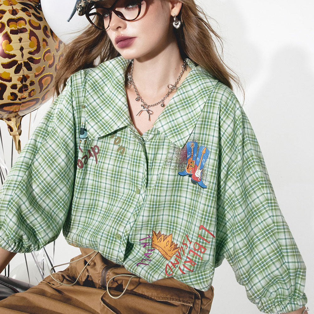 
                  
                    2024 Summer ELFSACK New Arrivals Green plaid sweet retro lantern sleeves printed niche loose plaid shirt for women
                  
                