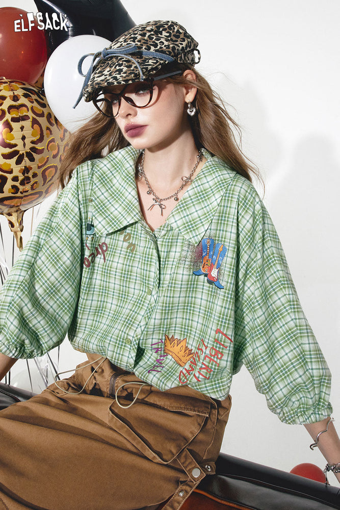 
                  
                    2024 Summer ELFSACK New Arrivals Green plaid sweet retro lantern sleeves printed niche loose plaid shirt for women
                  
                