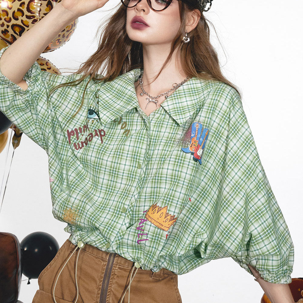 
                  
                    2024 Summer ELFSACK New Arrivals Green plaid sweet retro lantern sleeves printed niche loose plaid shirt for women
                  
                