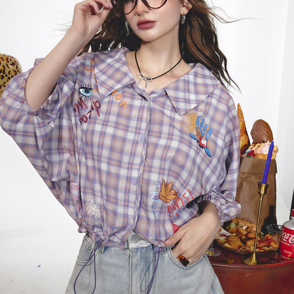 
                  
                    2024 Summer ELFSACK New Arrivals Green plaid sweet retro lantern sleeves printed niche loose plaid shirt for women
                  
                