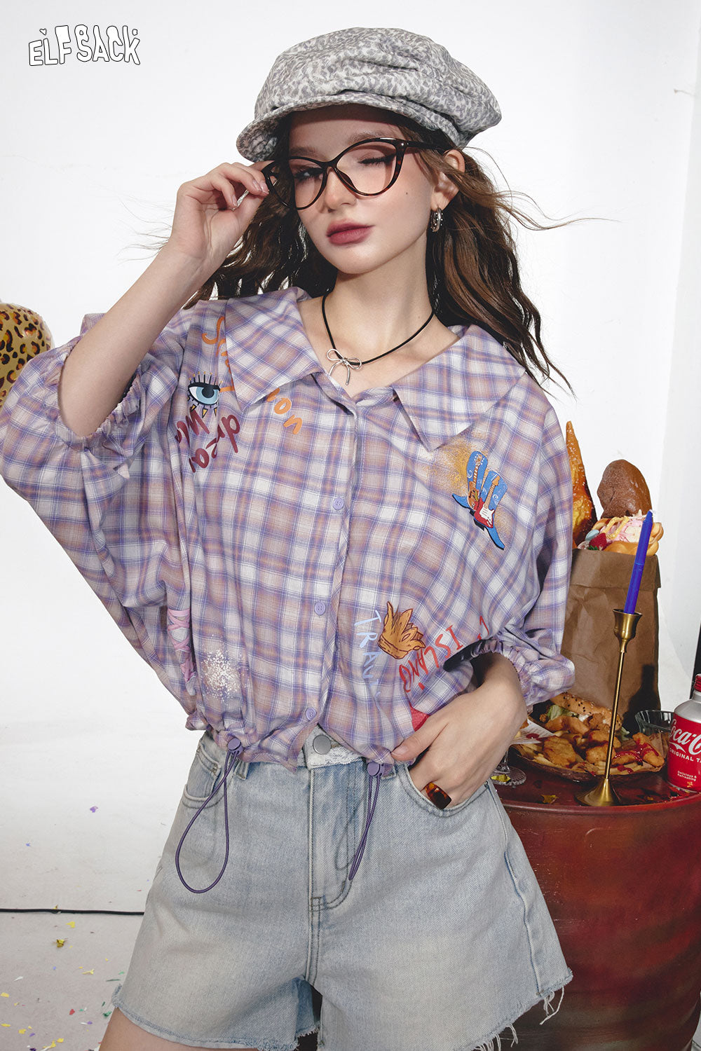 2024 Summer ELFSACK New Arrivals Green plaid sweet retro lantern sleeves printed niche loose plaid shirt for women