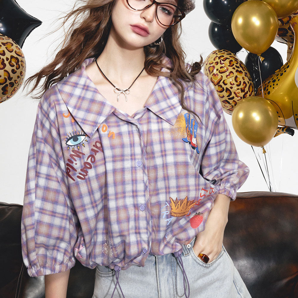 
                  
                    2024 Summer ELFSACK New Arrivals Green plaid sweet retro lantern sleeves printed niche loose plaid shirt for women
                  
                