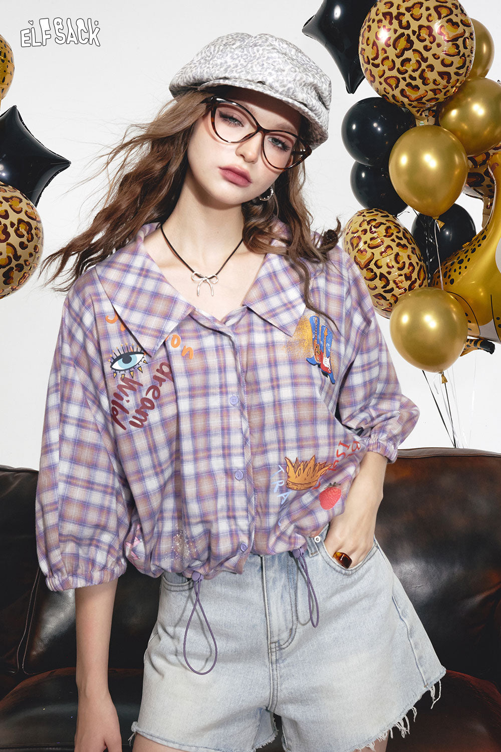 
                  
                    2024 Summer ELFSACK New Arrivals Green plaid sweet retro lantern sleeves printed niche loose plaid shirt for women
                  
                