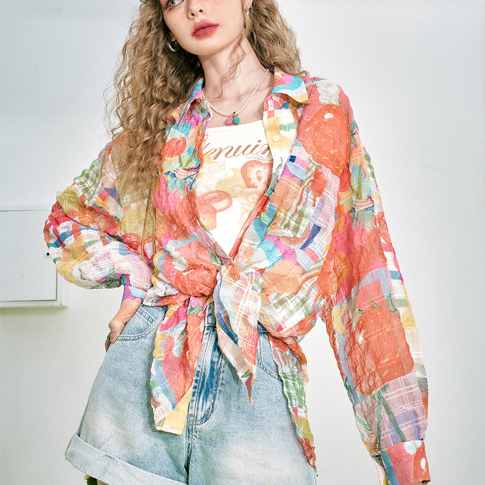 ELFSACK 2024 summer new arrival Rainbow Freestyle Waistband Full Print Loose Chiffon Shirt for women