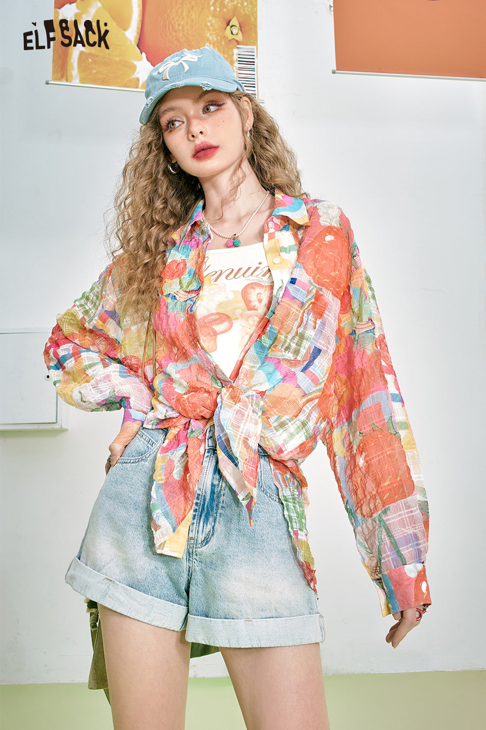 ELFSACK 2024 summer new arrival Rainbow Freestyle Waistband Full Print Loose Chiffon Shirt for women