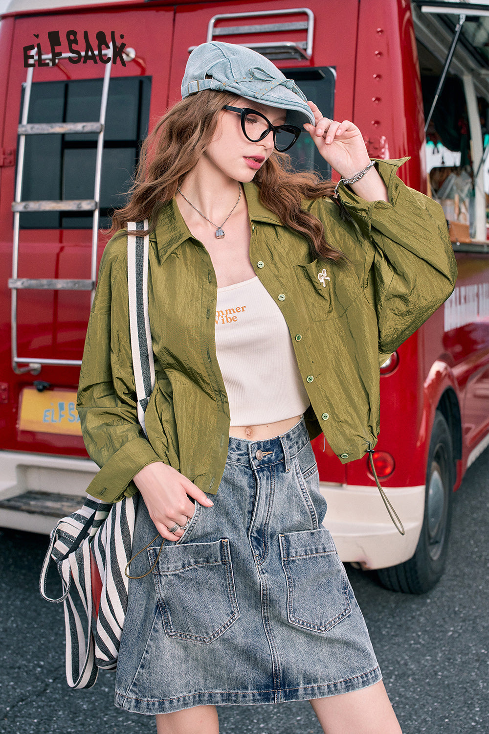ELFSACK Red bow embroidery fashion casual petite thin short jacket