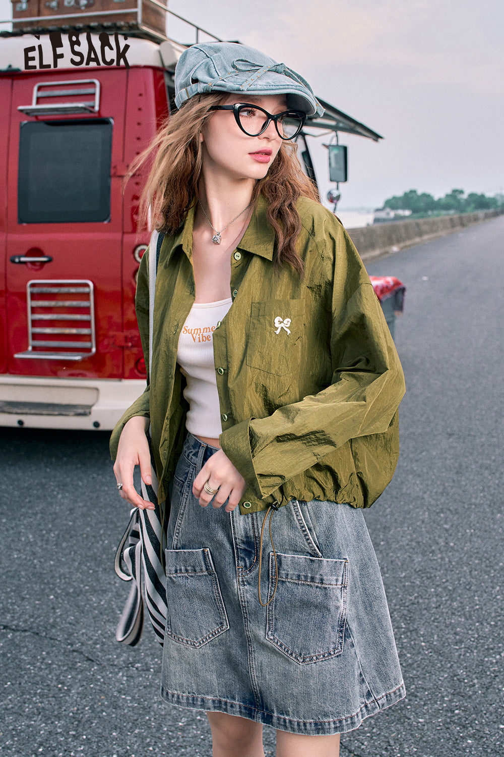 ELFSACK Red bow embroidery fashion casual petite thin short jacket