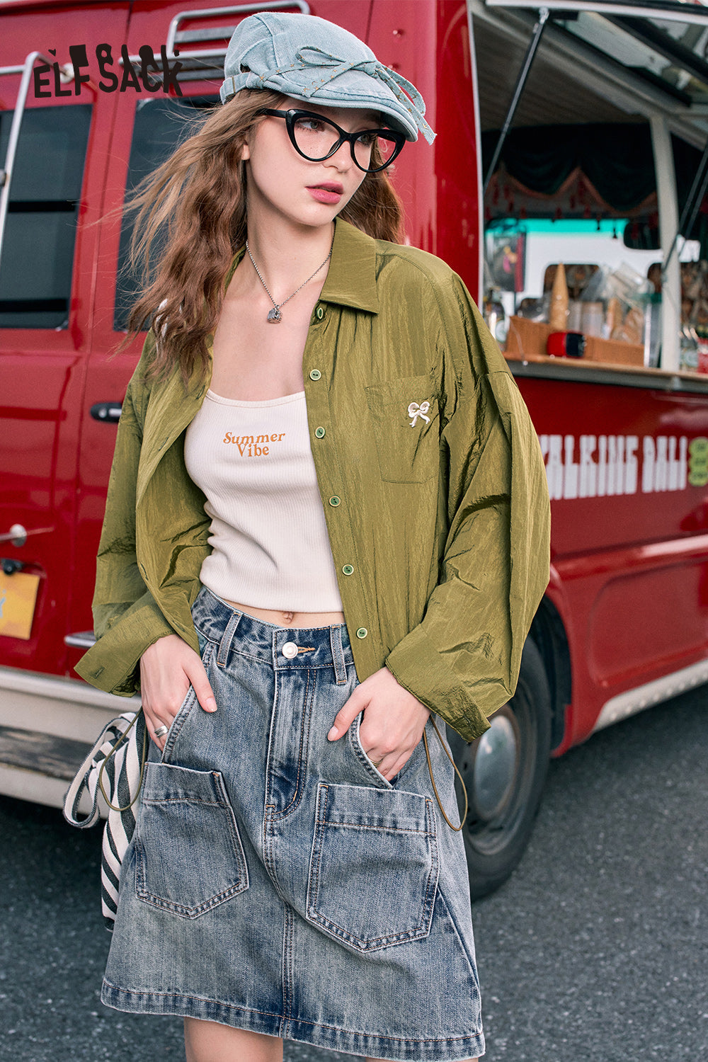 ELFSACK Red bow embroidery fashion casual petite thin short jacket